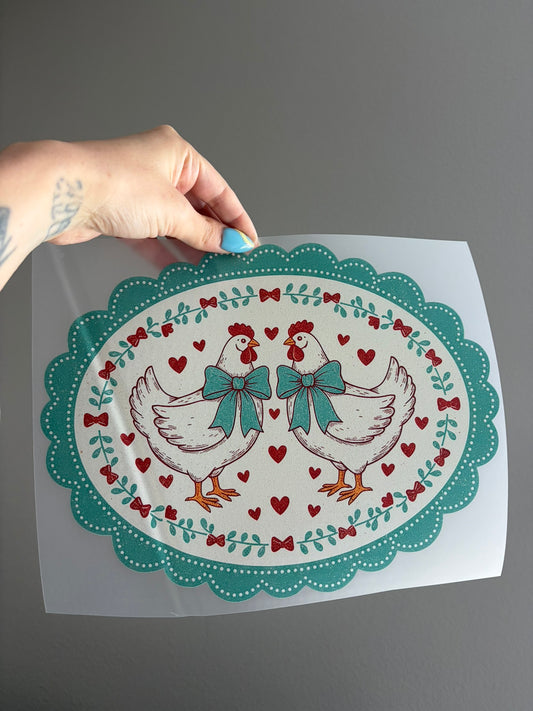 teal vintage chickens
